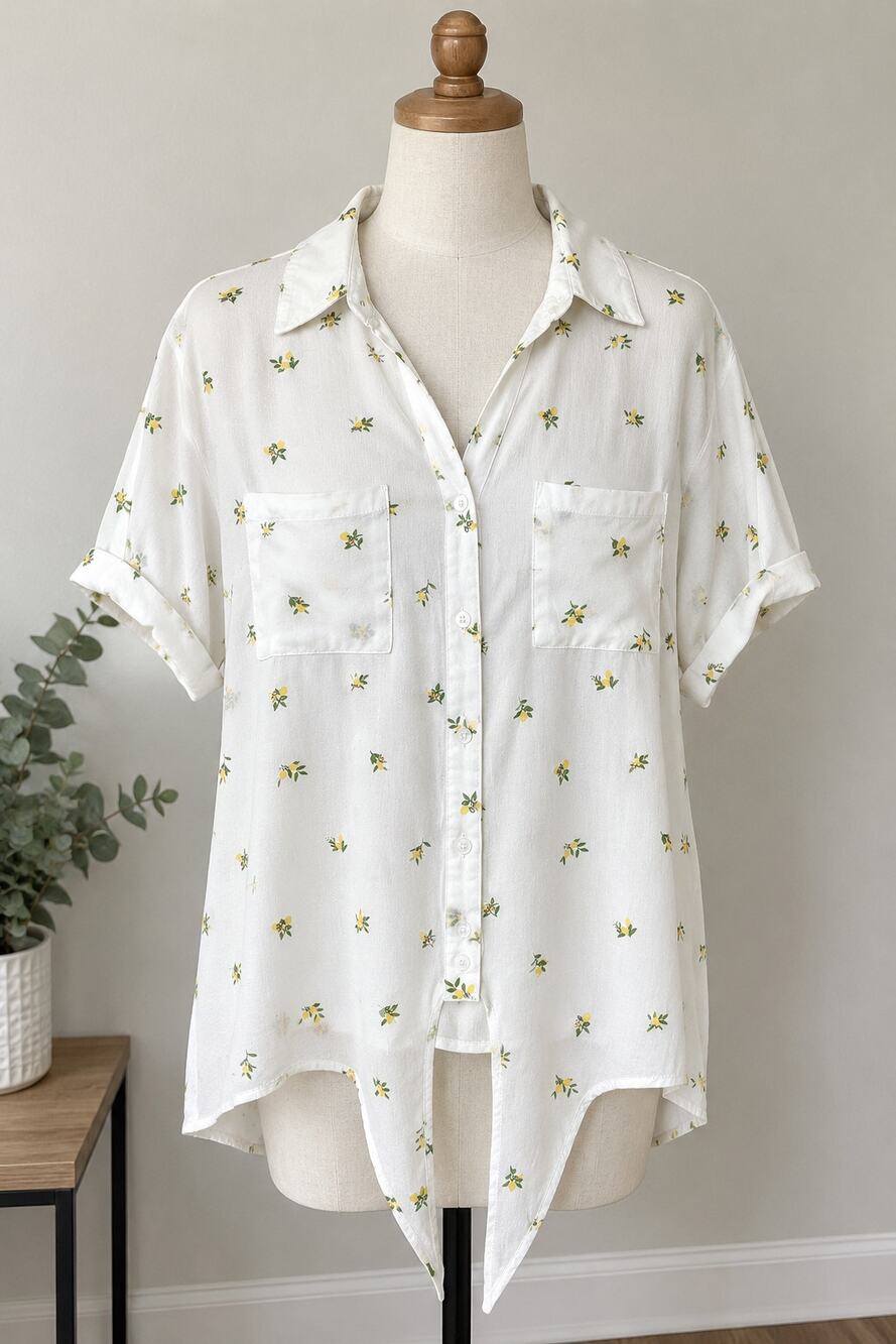 Emily Daniels Lemon Print Tie Front Button Up Shirt White Rayon Top Plus Size 2X